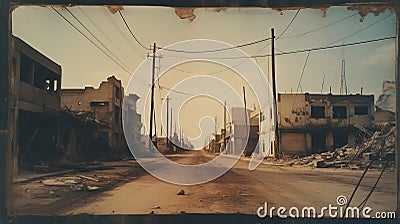 Eerie Polaroid Urban Street With Destroyed Buildings In Light Amber And Cyan Stock Photo