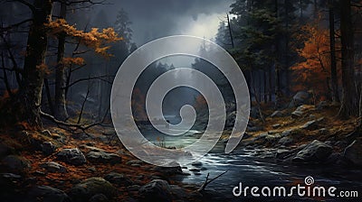 Eerie Realistic Painting: Stream Near Dark Forest Stock Photo