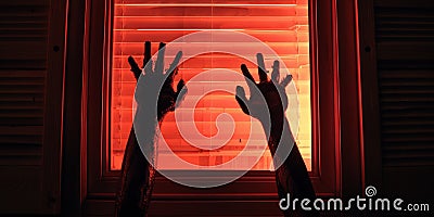 Eerie Red Light Reveals Sinister Zombie Hands Lurking Outside A Window Stock Photo