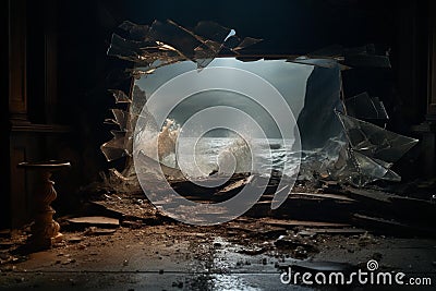 Eerie Reflections: Broken Mirror Capturing Peril and Uncertainty Stock Photo
