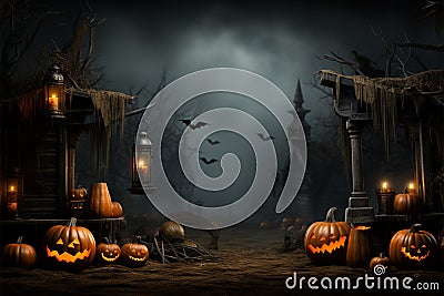 Eerie scene haunted house, cobwebs, pumpkins, and room for text Stock Photo