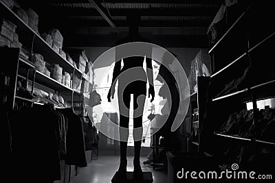 eerie silhouette of a mannequin in a dark store Stock Photo
