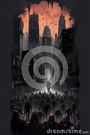Silhouette zombies walking on ruins city background illustration Stock Photo