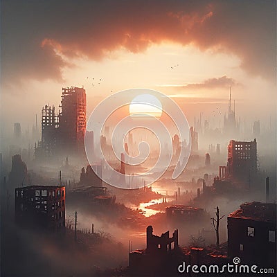 Eerie Twilight in the Post-Apocalyptic Wasteland Stock Photo