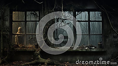 Eerie Window In Post-apocalyptic Backdrop: Dark Romantic Art Stock Photo