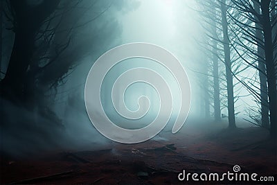 Eerie winter forest, thick smoke veils towering, 3D enigma tree Stock Photo