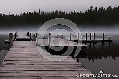 Eerie wooden pier at dusk Stock Photo