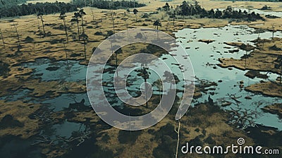 Eerily Realistic Aerial Shot Of Swamp With Historical Reproductions Stock Photo