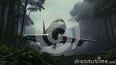 Eerily Realistic Airplane In Rainforest: Finely Rendered Cargopunk Art Stock Photo