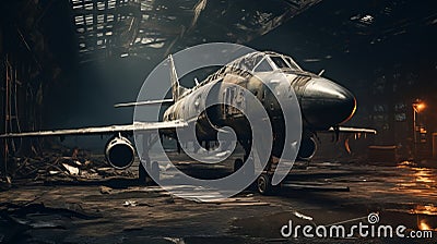 Eerily Realistic Atmospheric Shots Of An Old Jet In A Demolished Warehouse Stock Photo