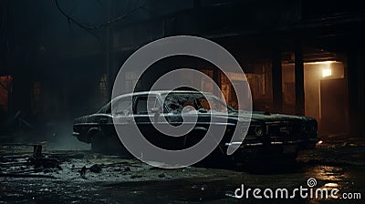 Eerily Realistic Burned Out Car In Cinematic Night Scene Stock Photo