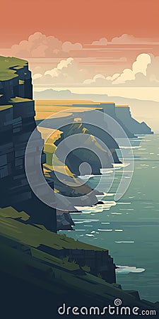 Eerily Realistic Cliffs Of Moher Coastal Walk Illustration Cartoon Illustration