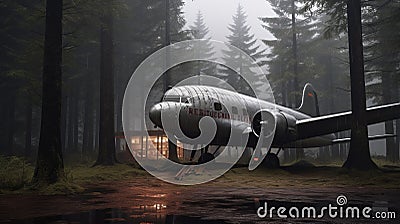 Eerily Realistic Dieselpunk Plane In Misty Woods Cabin Stock Photo