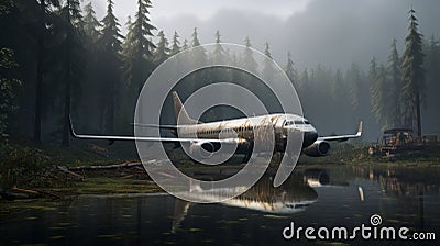 Eerily Realistic Forestpunk: Abandoned Airplane In Soggy Waters Stock Photo