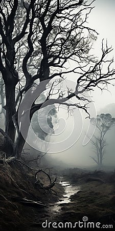 Eerily Realistic Image Of A Foggy Forest With Twisted Branches Stock Photo