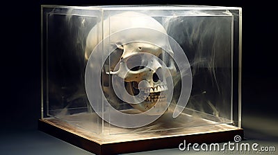 Eerily Realistic Skull In Glass Case For Halloween Decor Stock Photo