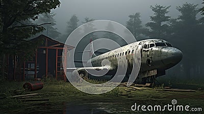 Eerily Realistic Urban Scene: Old Plane In The Woods Stock Photo