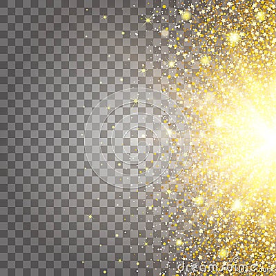 Effect of flying parts gold glitter luxury rich design background. Light gray background from the side. Stardust spark Vector Illustration