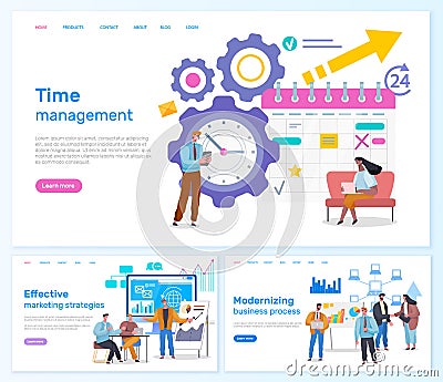 Effective marketing strategies, time management, modernizing business process web pages template Vector Illustration