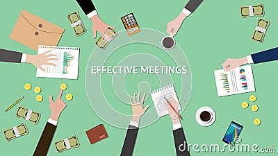 Effective meetings illustration with paperworks, money and folder document on top of table Vector Illustration