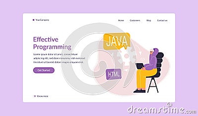 Effective programming landing page. Cartoon flat man developer working on laptop. Software programmer designing website Vector Illustration