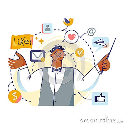 Effective smm management, funny orchestra conductor with stick managing likes, followers Vector Illustration