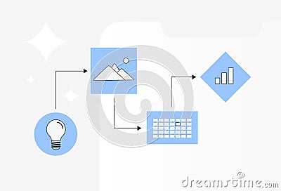 Effective social media workflow. Planning and creating tools with scheduling and publishing content. Workflow analytics Vector Illustration