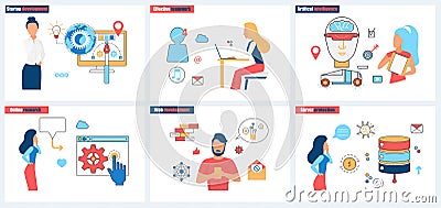 Effective teamwork for startup development, AI for online research and server protection Vector Illustration