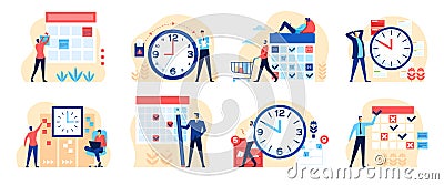 Effective time management. People with clock, calendar. Businessman scheduling tasks, productive work planning Vector Illustration