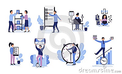 Effective Time management set with flat characters. Task and oraganization work process with hourglass and clock and Vector Illustration