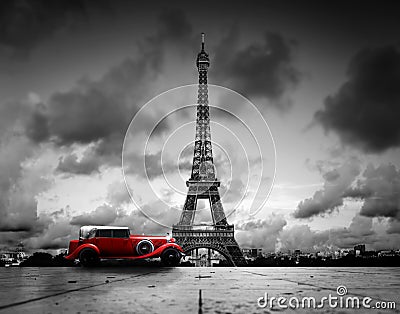 Effel Tower, Paris, France and retro red car. Stock Photo