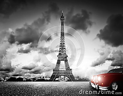 Effel Tower, Paris, France and retro red car. Stock Photo