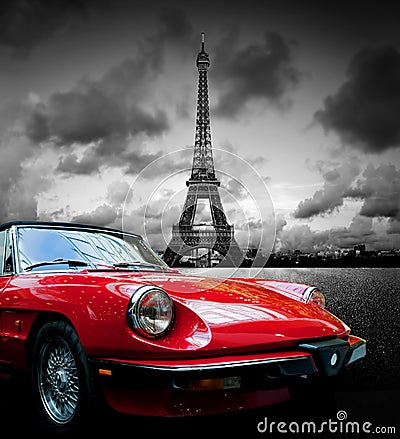 Effel Tower, Paris, France and retro red car. Black and white Editorial Stock Photo