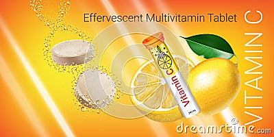 Effervescent Multivitamin tablets ads. Vector Illustration with Vitamin C container and lemon. Vector Illustration