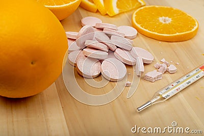 Effervescent Orange Tablets, Fizzy Vitamine Supplement Stock Photo