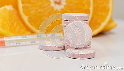 Effervescent Orange Tablets, Fizzy Vitamine Supplement Stock Photo