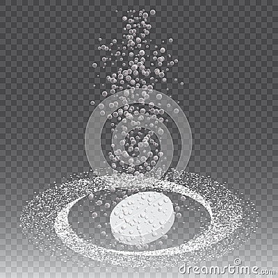 Effervescent soluble tablet pills. Vitamin C or aspirin or pill fizzy trace falling down in water on checkered Vector Illustration