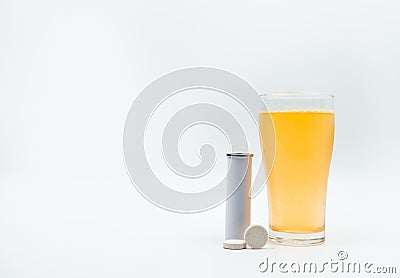 Effervescent tablets tube with blank label and orange flavored Stock Photo