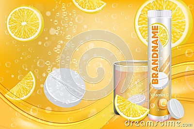 Effervescent vitamin C tablets advertising vector poster template Vector Illustration