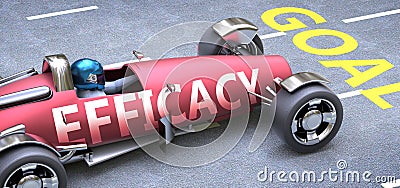 Efficacy helps reaching goals, pictured as a race car with a phrase Efficacy on a track as a metaphor of Efficacy playing vital Cartoon Illustration