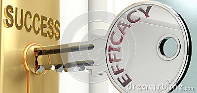 Efficacy and success - pictured as word Efficacy on a key, to symbolize that Efficacy helps achieving success and prosperity in Cartoon Illustration