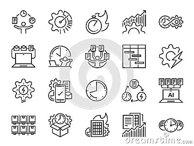 Efficiency line icon set. Included the icons as velocity, organizing, performance, productive, work, timeline and more. Vector Illustration