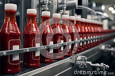 Efficiency and precision of an automated assembly line filling and packaging ketchup bottles Stock Photo