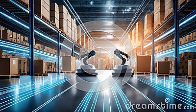 Efficient AI controlled robots sorting and transporting packages in modern warehouse, showcasing advanced technology and Stock Photo