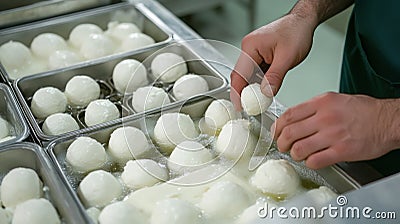 Efficient ai-driven food production line with skilled workers creating cheese balls Stock Photo