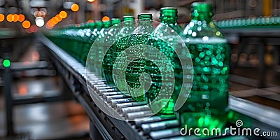 Efficient automated conveyor system in a bottling plant transporting green bottles for beverage Stock Photo