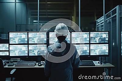 Efficient Büro Workflow: Back View of Engineer in Safety Helmet and Uniforms, Managing Tasks with Screens Stock Photo