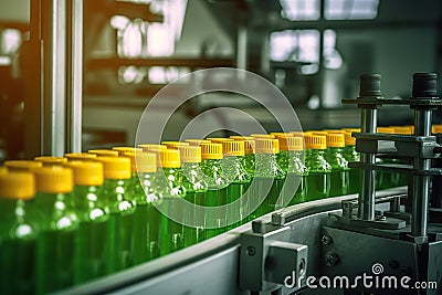 Efficient Beverage Production Processing and Bottling in a Fruit Juice Factory. created with Generative AI Stock Photo