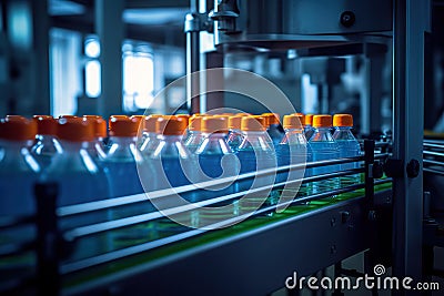 Efficient Beverage Production Processing and Bottling in a Fruit Juice Factory. created with Generative AI Stock Photo