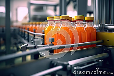 Efficient Beverage Production Processing and Bottling in a Fruit Juice Factory. created with Generative AI Stock Photo